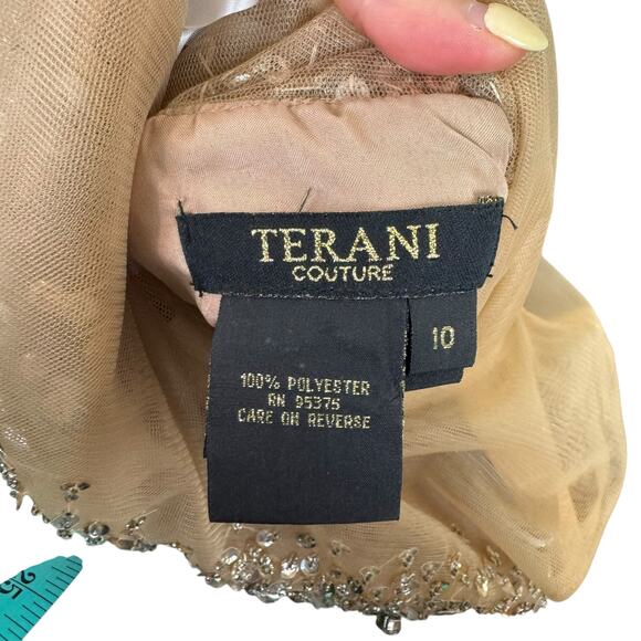 Terani Couture NEW Tan Sheer Mesh Rhinestone Sequin Beaded Mini Formal Dress - Picture 15 of 16